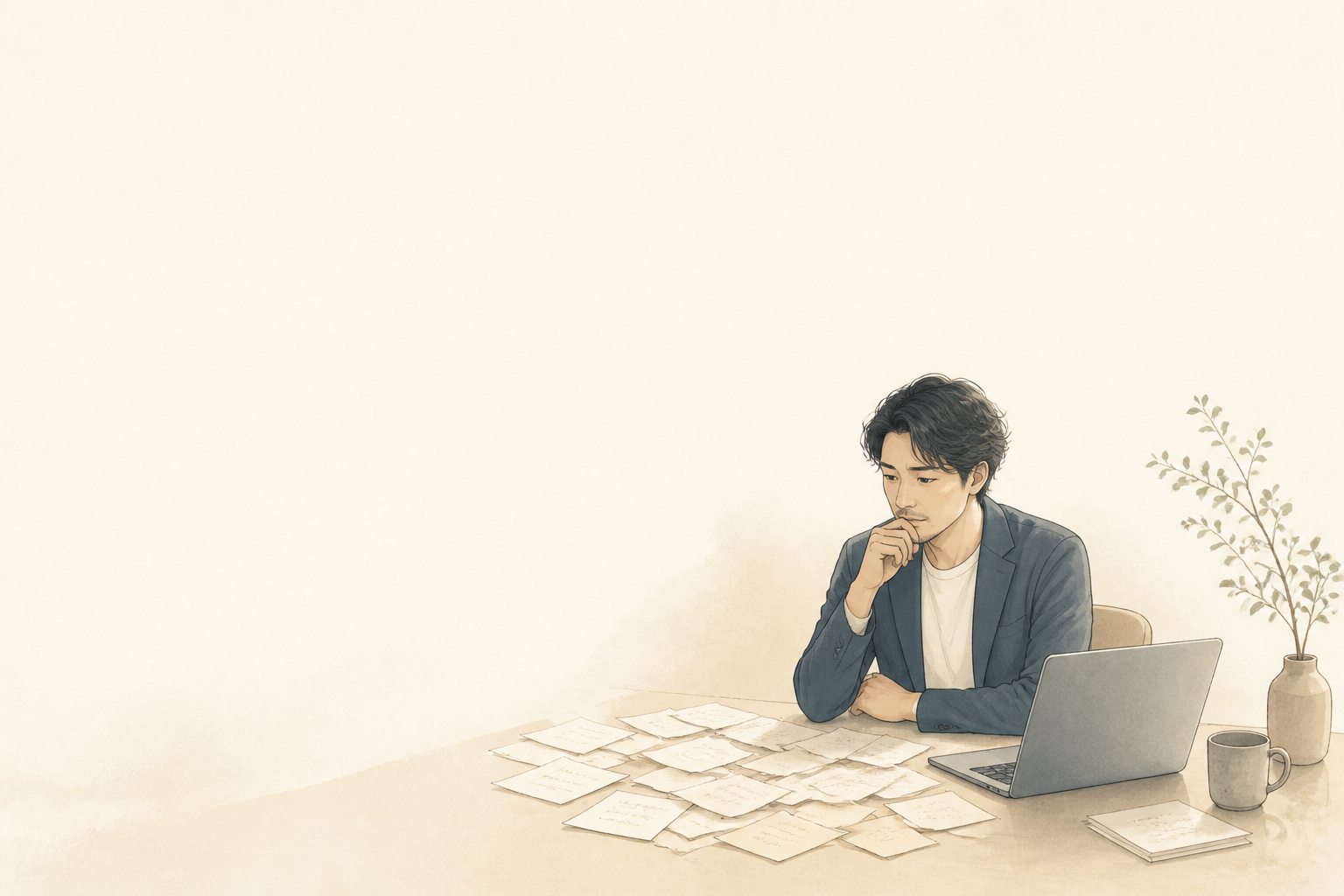 散らばったタスクを前に優先順位を考える事業者のイラスト