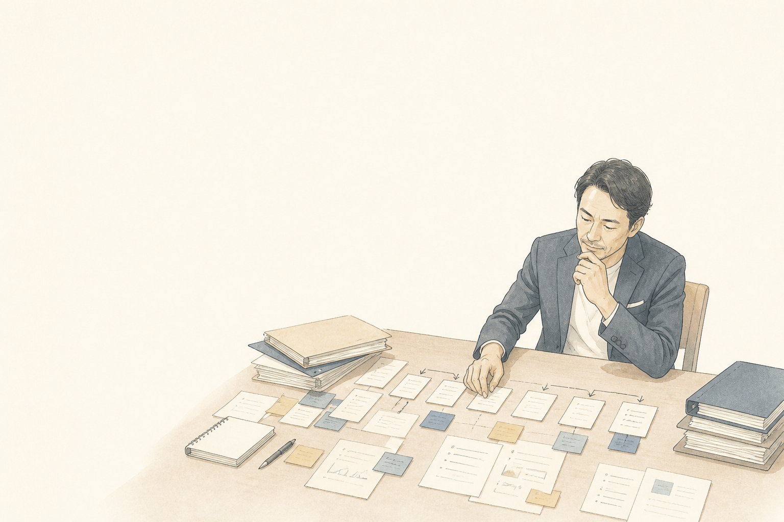 散らばった判断基準を業務フローに整理する事業者のイラスト